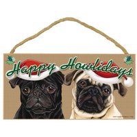 Happy Howlidays Mops Rehkitz & Schwarz Weihnachten Hänger Holz Hundeschild Geschenk Home Decor Made in Usa 10" X 15" Fast Kostenloser Versand Neu 754 von signsandstuffaz
