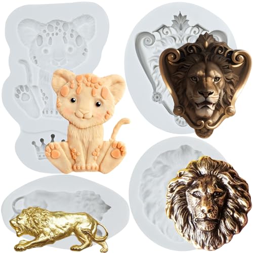 Sijiangmold 3D Löwen Silikonformen Löwenkopf Fondantform Für Dschungeltier Kuchendekoration Schokolade Cupcake Topper Süßigkeiten Polymer Ton Blütenpaste 4er Set von sijiangmold