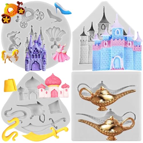 Sijiangmold Aladdin-Lampen-Silikonformen Schloss-Fondantform für Aladdin-Mythos-Thema Kuchendekoration Cupcake-Topper Schokolade Gummipaste Süßigkeiten Polymer-Ton 4er-Set von sijiangmold