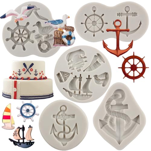 Sijiangmold Silikonform mit Segelschiff-Motiv, Anker, Ruder, Fondant, Möwe, Segelboot, Haken, Meereswellen, Formen für Schokolade, Süßigkeiten, Kuchen, Dekoration, Gummipaste, Polymerton, 4 Stück von sijiangmold