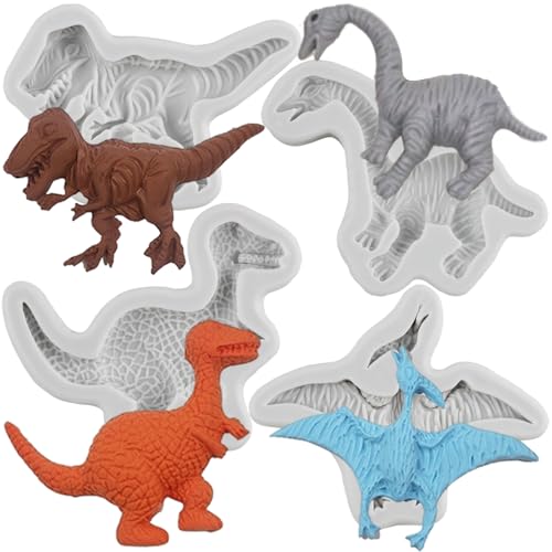 Sijiangmold Dinosaurier-Silikonform für Fondant Dinosaurier-Süßigkeitenformen für Kuchendekoration Cupcake-Topper Schokolade Gummipaste Polymer-Ton 4er-Set von sijiangmold