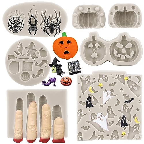 Sijiangmold Halloween Fondant Formen Kürbis Silikonform Spinne Finger Schokoladenform Geist Hexe Süßigkeiten Form für Halloween Party Kuchen Dekorieren Cupcake Topper Gummipaste Set von 6 von sijiangmold