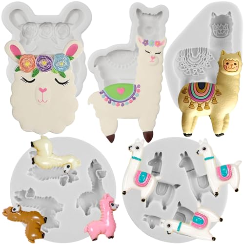 Sijiangmold Lama-Fondant-Silikonformen Alpaka-Süßigkeiten-Schokoladenform für Kuchendekoration Cupcake-Topper Blütenpaste Polymer-Ton 5er-Set von sijiangmold