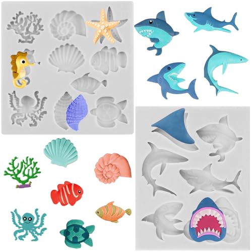 Sijiangmold Ozean-Hai-Fondantform Meerestier-Silikonform Muschel Seestern Oktopus Schildkröte Schokoladen-Süßigkeitenformen für Kuchendekoration Cupcake-Topper Blütenpaste Polymer-Ton 2er-Set von sijiangmold