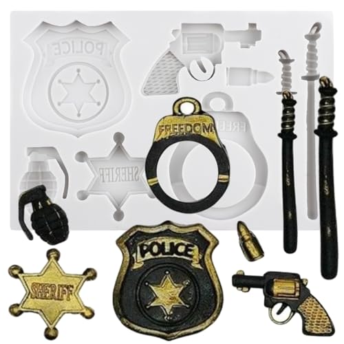 Sijiangmold Polizisten Set Silikonform Polizeiabzeichen Handschellen Sheriff Revolver Pistole Kugel Fondantformen Für Kuchendekoration Schokolade Cupcake Topper Süßigkeiten Polymer-Ton Blütenpaste von sijiangmold