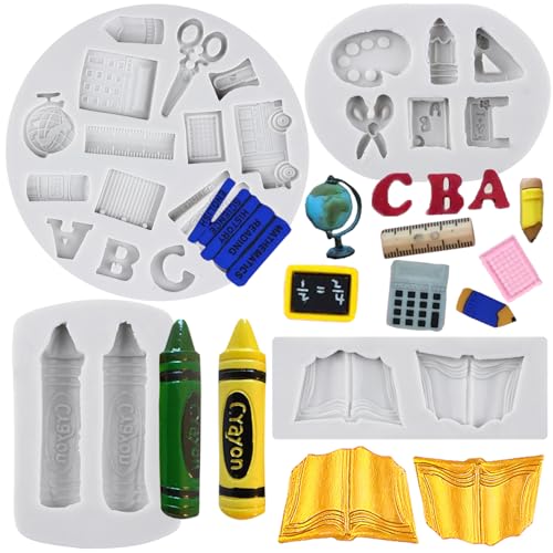 Sijiangmold Schulanfang Buntstift Fondantform Buch Schere Zeichenpalette Silikonformen Globus Schulbusform Für Kuchendekoration Schokolade Cupcake Topper Süßigkeiten Blütenpaste 4er Set von sijiangmold