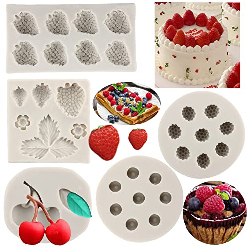 Sijiangmold Silikonform für Blaubeeren, Himbeere, Kirsche, Erdbeere, Fondant, Beeren-Serie, Zuckerpaste, für Schokolade, Süßigkeiten, Cupcake-Topper, Dekoration, Polymer-Ton, 5 Stück von sijiangmold