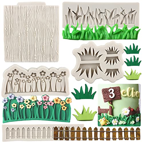 Sijiangmold Silikonform für Gartenlattenzaun, grünes Gras, Blume, Fondant, Holzmaserung, Baumrinde, Süßigkeitenform, zum Dekorieren von Süßigkeiten, Schokolade, Gummipaste, Modelliermaserung, 5 Stück von sijiangmold