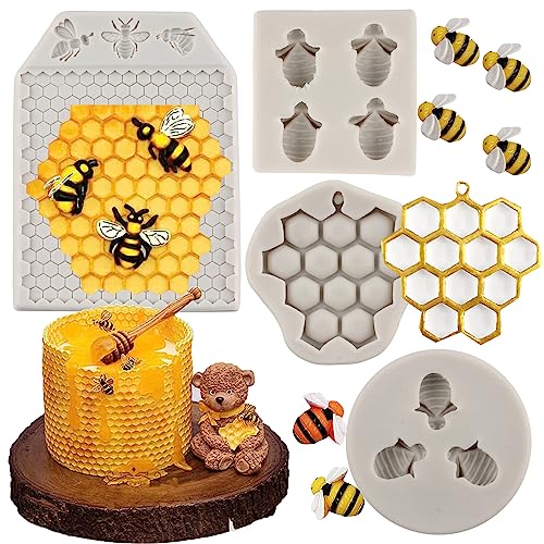 Sijiangmold Silikonform mit Bienenwaben-Bienen, für Fondant, Bienenstock, Süßigkeitenformen für Cupcake-Aufsätze, Kuchendekoration, Schokolade, Süßigkeiten, Polymerton, Gummipaste, 4 Stück von sijiangmold