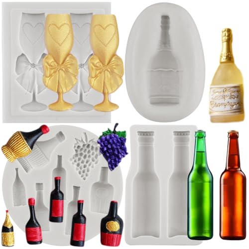 Sijiangmold Weinflaschen-Silikonform Weinglas Fondantformen Bierflaschen-Süßigkeitenform für Kuchendekoration Cupcake-Topper Polymer-Ton Schokolade Blütenpaste 4er-Set von sijiangmold