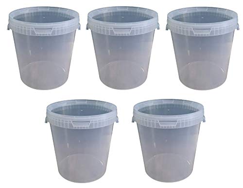5 x 30 Liter Eimer mit Deckel transparent, stapelbarerer Milch-/Vorratseimer, Honigeimer Kunststoffeimer mit Lebensmittelfreigabe, Lebensmittelechte Behälter, Leereimer für Mehl, Wassereimer, 5 Stück von sil2018