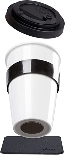 silwy® Porzellan TO-GO-CUP inkl. schwarzer Hitzeschutzbanderole, metallischen Nano-Gel-Untersetzer BLACK - rutschfeste Magnetbecher für Camping, Caravaning oder Boating von silwy einfach anziehend.
