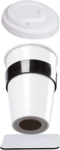 silwy® Porzellan TO-GO-CUP inkl. schwarzer Hitzeschutzbanderole, metallischen Nano-Gel-Untersetzer WHITE - rutschfeste Magnetbecher für Camping, Caravaning oder Boating von silwy einfach anziehend.