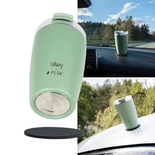 silwy® Magnet-Thermobecher TO GO SAGE mit Metall-Nano-Gel-Pad. Standfester Cup, der nicht umfällt: Magnetboden und flexibles Pad als Gegenpol ziehen sich an. Für Camping, Boot, Zug, Auto (mint) von silwy einfach anziehend.