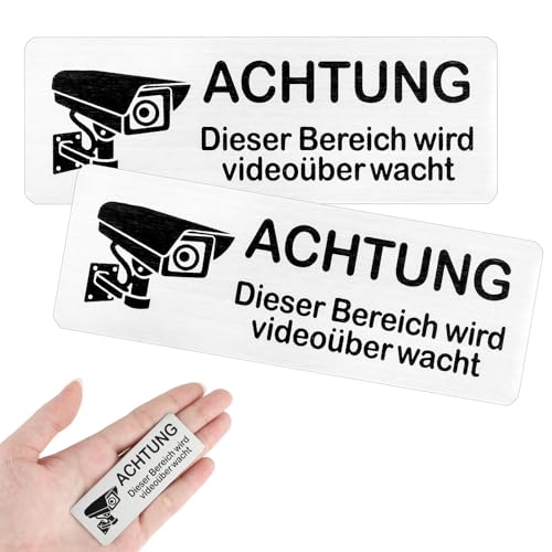 simarro Achtung VideoüBerwachung Schild Selbstklebend, 8.5x3cm Aluminium Schild Warnschild Aufkleber Videoüberwachung Warnschild Gebürstetes für Innen und Außenbereich(2Stück Silber) von simarro