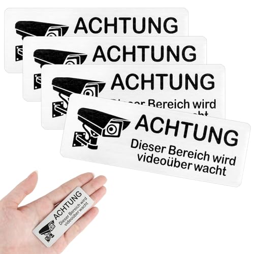 simarro Achtung VideoüBerwachung Schild Selbstklebend, 8.5x3cm Aluminium Schild Warnschild Aufkleber Videoüberwachung Warnschild Gebürstetes für Innen und Außenbereich(4Stück Silber) von simarro