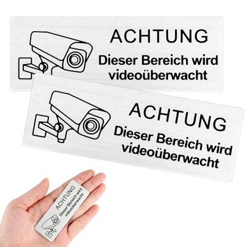 simarro Videoüberwachung Schild, Selbstklebend Aluminium Achtung VideoüBerwachung Schild 85mm×30mm Klein Aufkleber Videoüberwachung Achtung Privatgrundstück(2 Stück Silber) von simarro