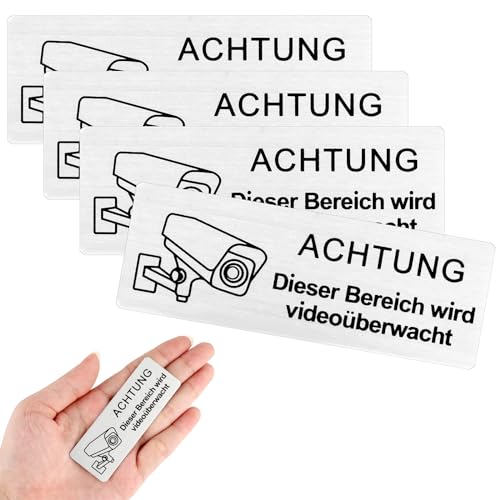 simarro Videoüberwachung Schild, Selbstklebend Aluminium Achtung VideoüBerwachung Schild 85mm×30mm Klein Aufkleber Videoüberwachung Achtung Privatgrundstück(4 Stück Silber) von simarro