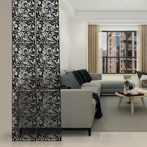 Raumteiler Hängend 12 Stück - DIY Hängender Raum-Teiler, Schwarzes Muster Paneele Vorhang zum Aufhängen, 40x40x0.8cm Raumtrenner Sichtschutz für Zuhause Hotel Büro Bar Dekoration von simimasen