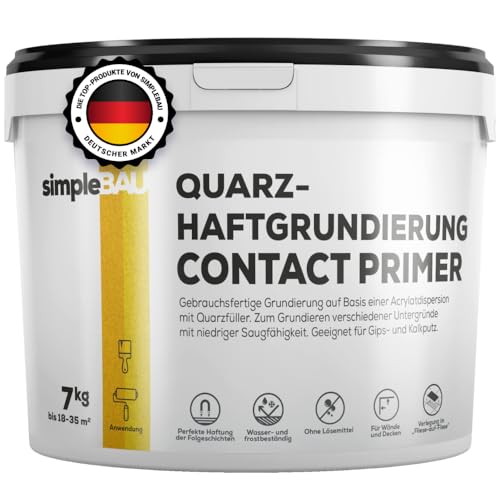 simpleBAU Quarzgrundierung Haftgrund Beton & Fliesen 7 kg – Quarzgrund für Innen & Außen, Putzgrund mit Quarzsand auf schwierigen Untergründen – Gebrauchsfertige Grundierung für Beton, Fliesen, Putz von simpleBAU
