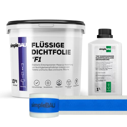 simpleBAU F1 Dichtset Flüssigdichtfolie 10kg Flüssigfolie gebrauchsfertig + Grundierung 1L + elastisches Dichtband 10M für Fugen und Ecken zum Abdichten von Bädern, Küchen, Kellern, Garagen von simpleBAU