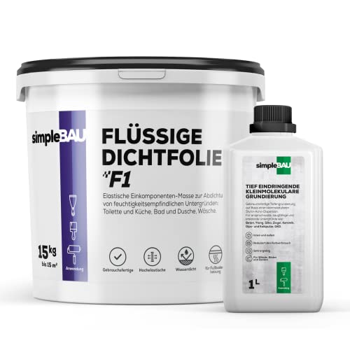 simpleBAU F1 Dichtset Flüssigdichtfolie 15kg Flüssigfolie gebrauchsfertig + Grundierung 1L zum Abdichten von Bädern, Küchen, Kellern, Garagen von simpleBAU