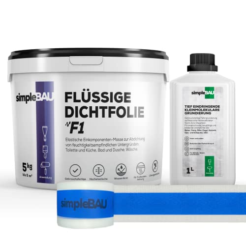 simpleBAU F1 Dichtset Flüssigdichtfolie 5kg Flüssigfolie gebrauchsfertig + Grundierung 1L + elastisches Dichtband 5M für Fugen und Ecken zum Abdichten von Bädern, Küchen, Kellern, Garagen von simpleBAU