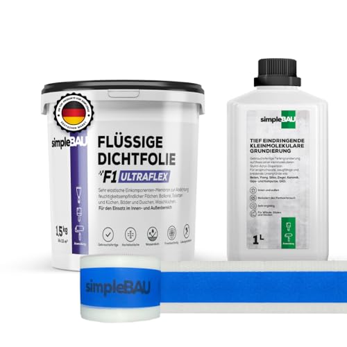 simpleBAU Flüssigfolie Dichtfolie F1 Ultraflex 1,5 kg + Tiefengrund 1L und Elastisches Dichtband 5M – Abdichtung für Bad, Dusche, Balkon – Wasserfest, Innen & Außen von simpleBAU