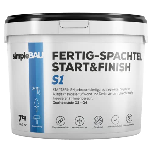 simpleBAU Start&Finish 7KG gebrauchsfertige Polymer-Spachtelmasse die vor dem Anstrich aufgetragen wird Leicht aufzutragen und zu schleifen. Farbe idealerweise weiß. Fertigspachtelmasse von simpleBAU