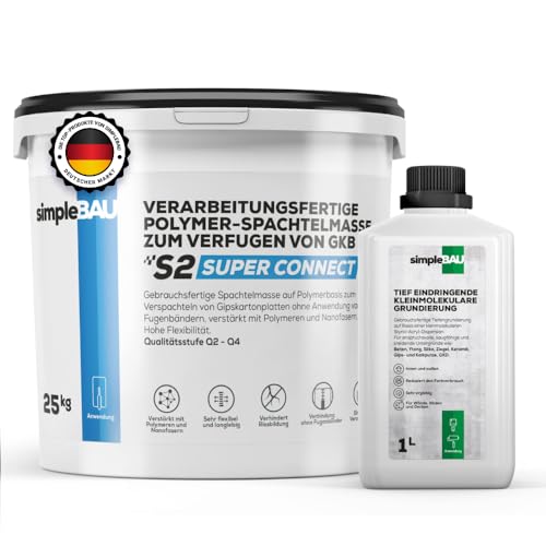 simpleBAU Spachtelmasse 25 kg und Tiefengrundierung 1L – Polymerbasierte Fertigspachtel für Gipskartonplatten und gebrauchsfertiger Tiefgrund für innen & außen Für Wände, Böden und Decken von simpleBAU