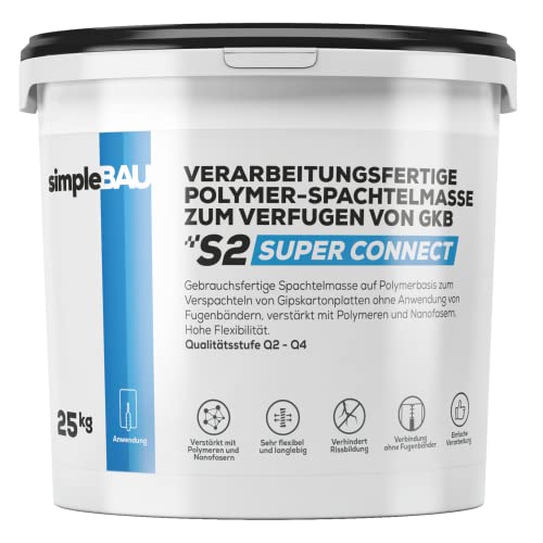 SimpleBau Super Connect 25 kg gebrauchsfertige Spachtelmasse auf Polymerbasis zum Verfugen von Gipskartonplatten ohne Verwendung eines Fugenbandes. Für Wände und Decken. Äußerst flexibel. von simpleBAU