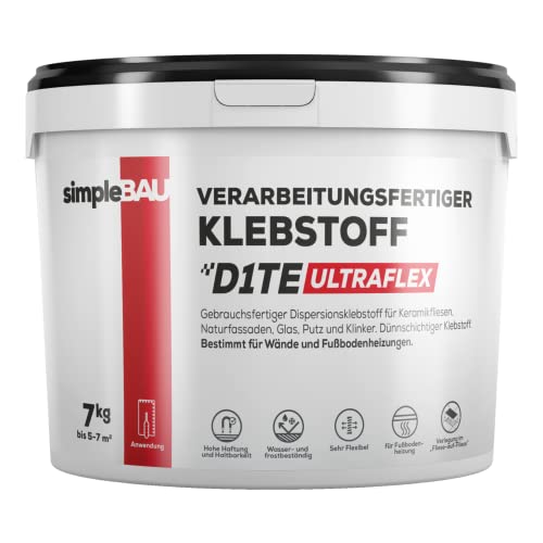 simpleBAU Fertig gemischter Fliesenkleber 7 KG Universalstarker Kleber für Gipskarton Osb-Kleber für schwierige Untergründe, für Fußbodenheizung, für Keramik Stein (7, Kilogramm) von simpleBAU