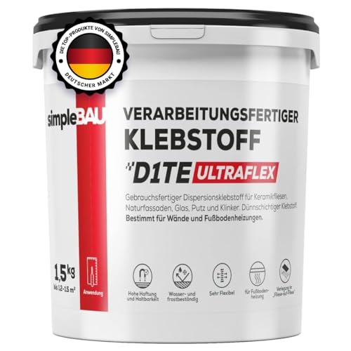 simpleBAU - Fertig Gemischter Fliesenkleber 1,5 KG, Universal Kleber für Gipskarton Osb-Kleber für Schwierige Untergründe, Montagekleber für Fußbodenheizung und Keramik Stein für Innen & Außen von simpleBAU