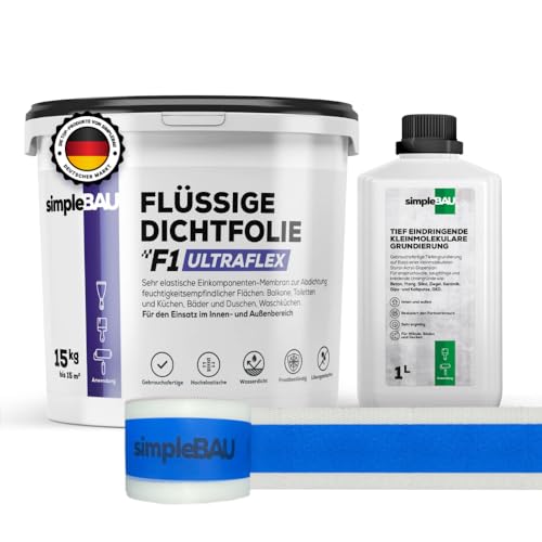 simpleBAU Flüssigfolie Dichtfolie F1 Ultraflex 15 kg + Tiefengrund 1L und Elastisches Dichtband 10M – Abdichtung für Bad, Dusche, Balkon – Wasserfest, Innen & Außen von simpleBAU