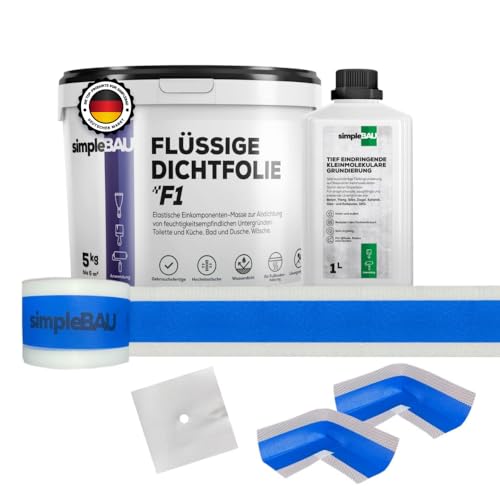 simpleBAU Flüssigfolie Dichtfolie F1 5 kg + Tiefengrund 1 L und Elastisches Dichtband 10M + 2 Innenecken + 1 Wandmanschetten – Abdichtung für Bad, Dusche, Balkon – Innen & Außen simpleBAU Flüssigfolie Dichtfolie F1 5 kg + Tiefengrund 1 L und Elastisches Dichtband 10M + 2 Innenecken + 1 Wandmanschetten – Abdichtung für Bad, Dusche, Balkon – Innen & Außen von simpleBAU