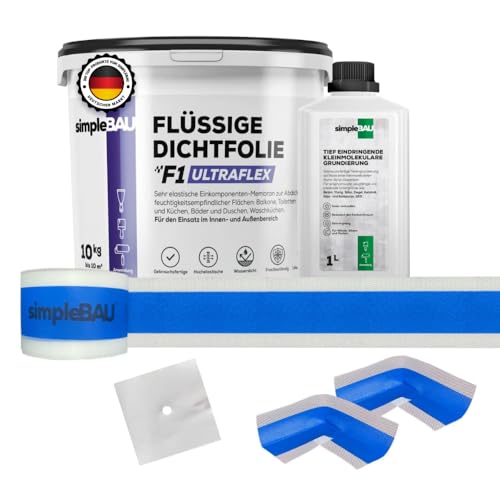 simpleBAU Flüssigfolie Dichtfolie F1 Ultraflex 10 kg + Tiefengrundierung 1 L und Elastisches Dichtband 10M + 2 Innenecken + 1 Wandmanschetten – Abdichtung für Bad, Dusche, Balkon – Innen & Außen von simpleBAU