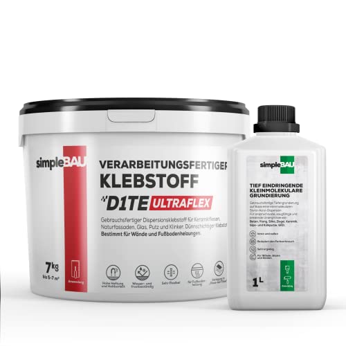 simpleBAU Fertigfliesenkleber 7KG Universal Kleber für Gipskartonplatten + 1L Grundierung Osb-Kleber für schwierige Untergründe Kleber Fußbodenheizung für Keramik Stein von simpleBAU