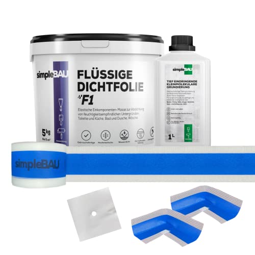 simpleBAU FLÜSSIGE DICHTFOLIE F1 5 kg+ Tief eindringende, kleinmolekulare Grundierung 1L + 5m Dichtband + 2 Innenecken + 1 Wandmanschetten von simpleBAU