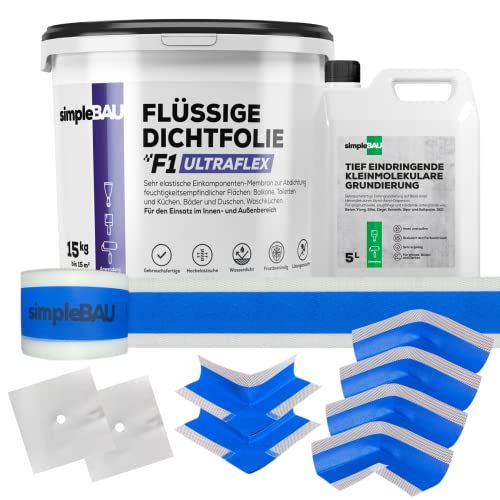 simpleBAU FLÜSSIGE DICHTFOLIE F1 ULTRAFLEX 15 kg+ Tief eindringende, kleinmolekulare Grundierung 5L+15m Dichtband + 4 Innenecken + 2 Außenecke + 2 Wandmanschetten von simpleBAU