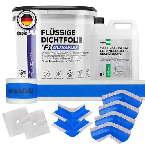 simpleBAU Flüssigfolie Dichtfolie F1 Ultraflex 15 kg + Tiefengrund 5 L und Elastisches Dichtband 15M + 4 Innenecken + 2 Außenecke + 2 Wandmanschetten – Abdichtung für Bad, Dusche, Balkon simpleBAU Flüssigfolie Dichtfolie F1 Ultraflex 15 kg + Tiefengrund 5 L und Elastisches Dichtband 15M + 4 Innenecken + 2 Außenecke + 2 Wandmanschetten – Abdichtung für Bad, Dusche, Balkon von simpleBAU