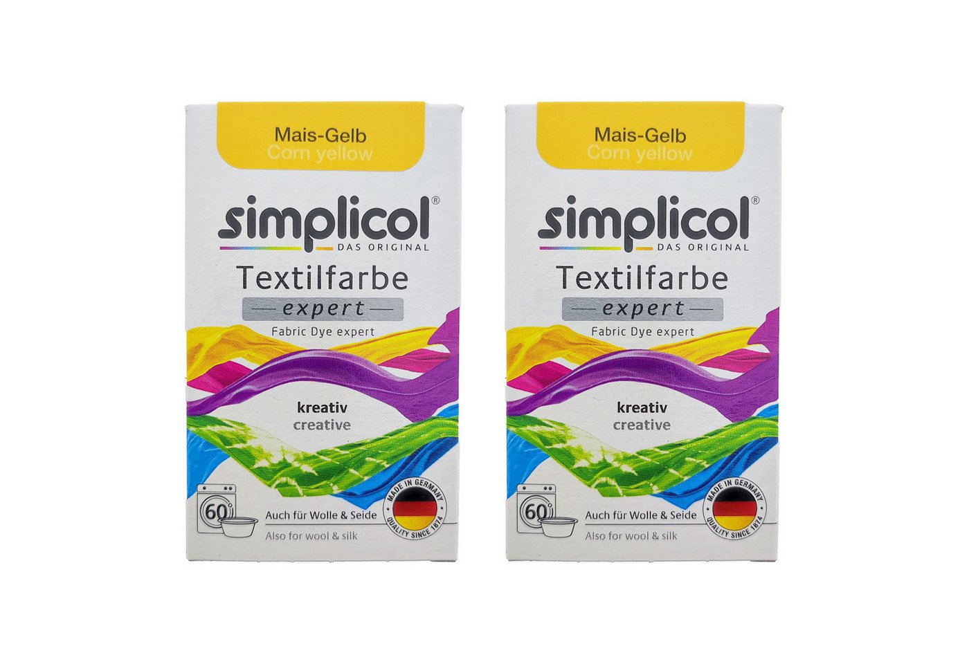 simplicol Textilfarbe 2er Pack Simplicol Textilfarbe Expert Mais-Gelb 150g, Farberneuerung Textilfärbemittel Farbauffrischung Farbmischung Batik simplicol Textilfarbe 2er Pack Simplicol Textilfarbe Expert Mais-Gelb 150g, Farberneuerung Textilfärbemittel Farbauffrischung Farbmischung Batik von simplicol