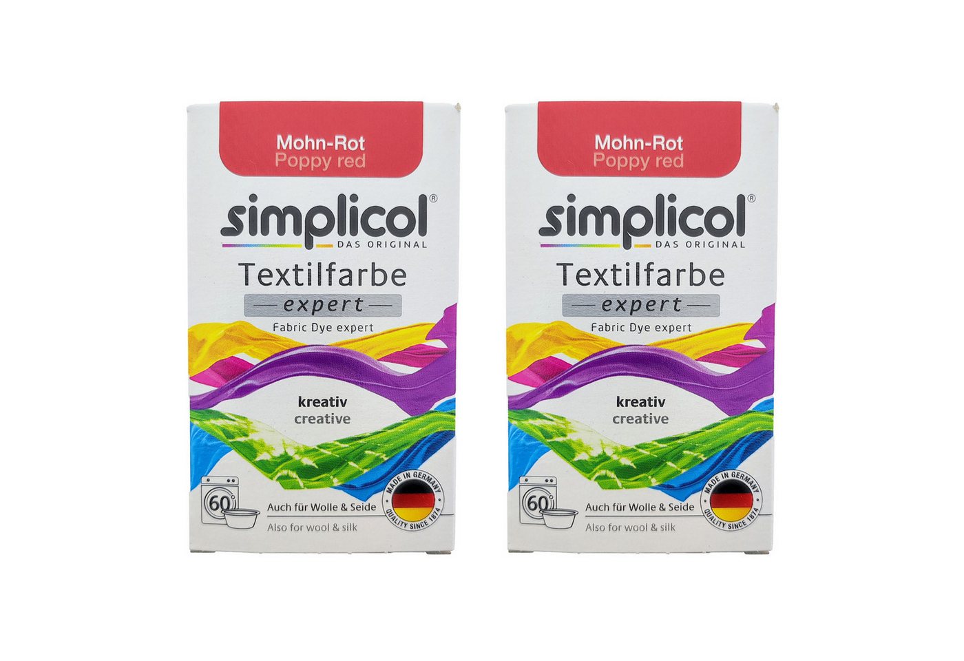simplicol Textilfarbe 2er Pack Simplicol Textilfarbe Expert Mohn-Rot 150g, Farberneuerung Textilfärbemittel Farbauffrischung Farbmischung Batik simplicol Textilfarbe 2er Pack Simplicol Textilfarbe Expert Mohn-Rot 150g, Farberneuerung Textilfärbemittel Farbauffrischung Farbmischung Batik von simplicol
