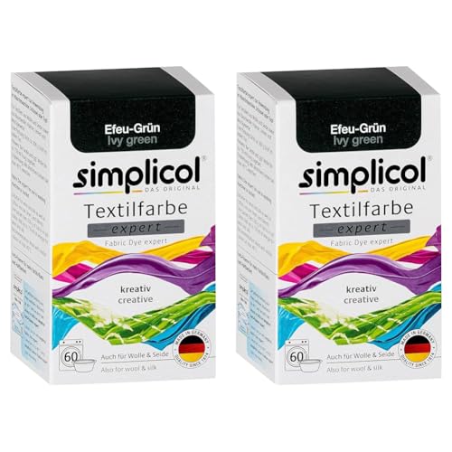 simplicol Textilfarbe expert Efeu-Grün 1713 - Zum Umfärben und Auffrischen von Kleidung, Waschmaschinenfest, für Baumwolle, Wolle, Seide, Leinen, Viskose & Mischgewebe (Packung mit 2) von simplicol