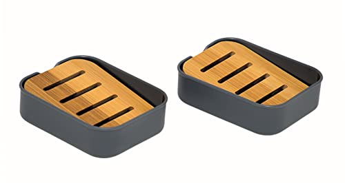 simplywire – 2er-Pack – Seifenschalen aus Kunststoff mit natürlicher, abgeschrägter Bambusablage – Seifenhalter für Badezimmer – Grau von simplywire
