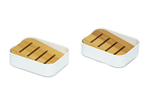 simplywire – 2er-Pack – Seifenschalen aus Kunststoff mit natürlicher, abgeschrägter Bambusablage – Seifenhalter für Badezimmer – Weiß von simplywire
