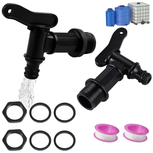 Auslaufhahn für Regentonne, 2 Stück Kunststoff Ersatz Hahn, 3/4 Zoll Kunststoff Auslaufhahn, mit Dichtung Kontermutter Dichtband, für Regentonne, Garten Wassertank und Wassertonne, Schwarz von sinzau