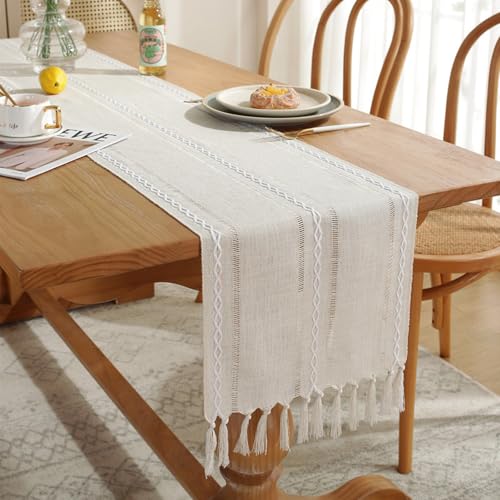 Creme Landhausstil Quasten Tischläufer, Style Tassels Table Runner, Beige Boho Polyester Odourless Table Runner, 183x33cm cm Quasten Tischläufer, für Hochzeit und Esstisch, Creme Weiß von sinzau