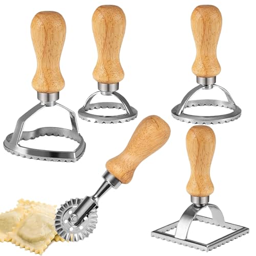 Ravioli Ausstecher, Raviolischneider set, Teigrädchen, Ravioli Former Cutter, Edelstahl, mit Holzgriff und Geriffelten Rand, für Pasta, Knödel, Lasagne, 5 Stück von sinzau