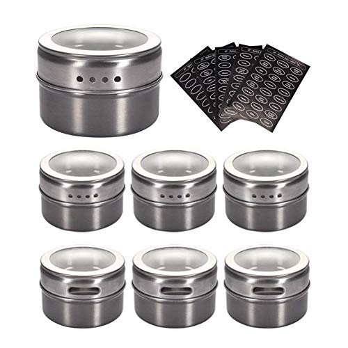 sinzau Gewürzdosen aus Edelstahl, magnetische Gewürzdosen, magnetische Gewürzdosen am Kühlschrank (6 Stück, 120 Etiketten) von sinzau