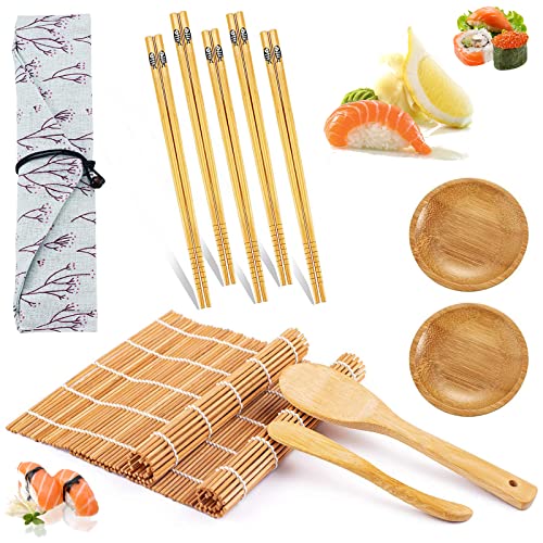 sinzau Sushi Set, Sushi Matte Bambus, Sushi Making Kit, Karbonisierte Sushi 2 Rollmatte, Essstäbchen 5 Paar, 1Reisstreuer, 1Reislöffel, 2 Gewürzgericht, 1 Aufbewahrungstasche von sinzau